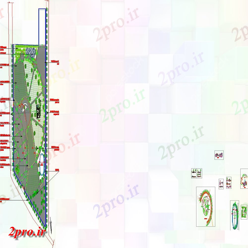 دانلود نقشه باغ طراحی پارک و مقطعی جزئیات طرحی بلوک 60 در 60 متر (کد128281)