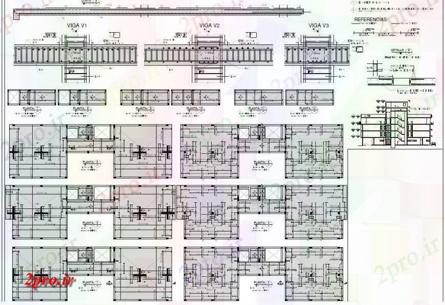 دانلود نقشه طراحی جزئیات تقویت کننده بخش ساختمان تجاری و بخش پرتو چیدمان 8 در 16 متر (کد128307)