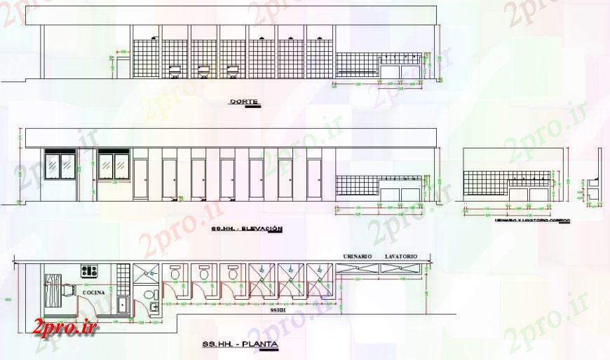 دانلود نقشه حمام مستر طرحی توالت عمومی، نما و بخش  (کد128327)