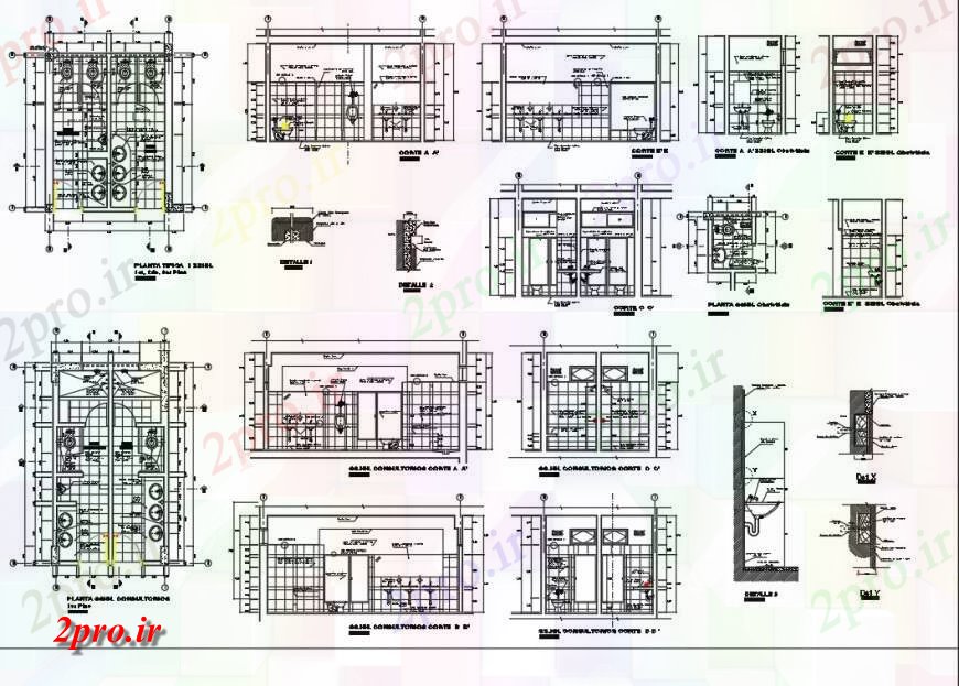 دانلود نقشه حمام مستر جزئیات توالت عمومی در طرح، نما و بخش  (کد128338)