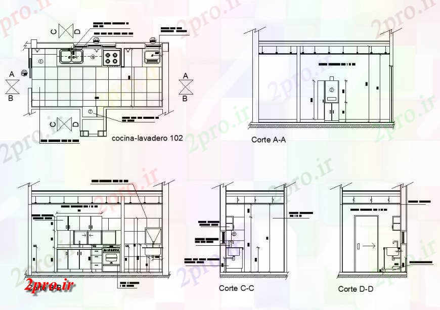 دانلود نقشه جزئیات طراحی ساخت آشپزخانه بخش و طرحی جزئیات از جزئیات ساختار آشپزخانه  دو بعدی   چیدمان اتوکد (کد128356)