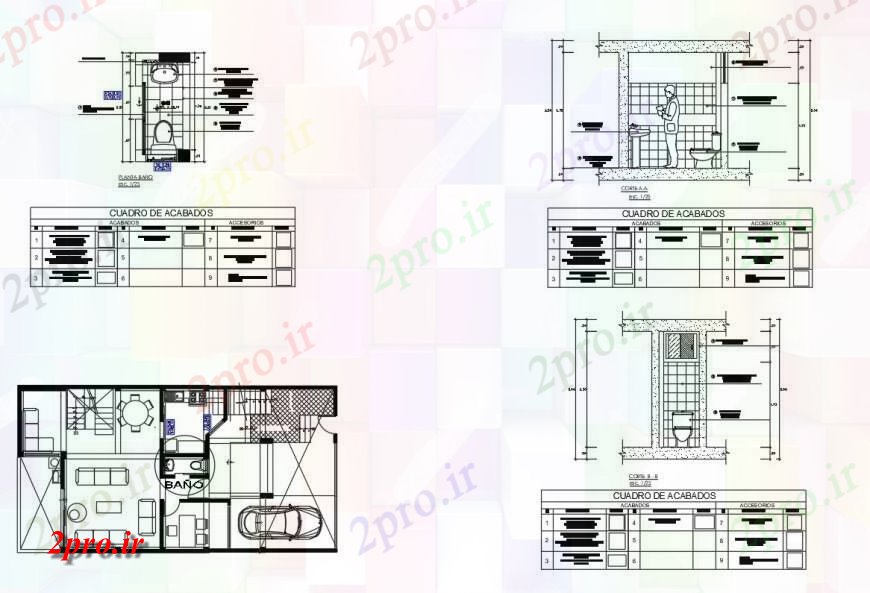 دانلود نقشه حمام مستر طرحی توالت عمومی و بخش جزئیات (کد128380)