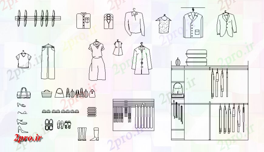 دانلود نقشه کمد دیواری لباس بخش کمد لباس با لباس بلوک  (کد128515)