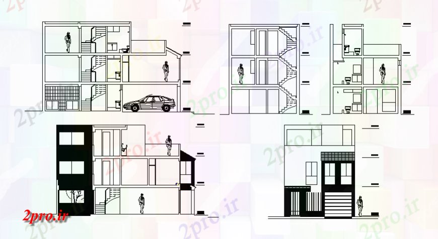 دانلود نقشه مسکونی  ، ویلایی ، آپارتمان  سه طبقه خانه همه نما طرفه و بخش جزئیات (کد128592)