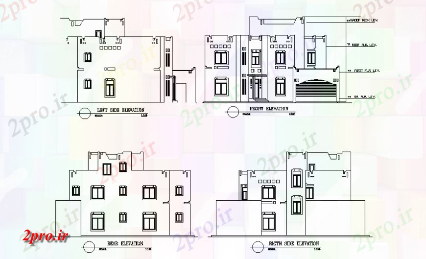 دانلود نقشه مسکونی  ، ویلایی ، آپارتمان  جبهه، ر، چپ و عقب جزئیات نما سمت دو دان خانه (کد128627)