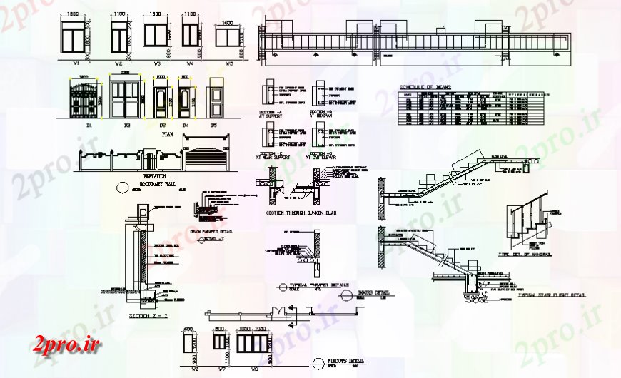 دانلود نقشه طراحی جزئیات ساختار بخش راه پله، دیوار مرزی و حصار و درب و پنجره جزئیات از خانه (کد128630)