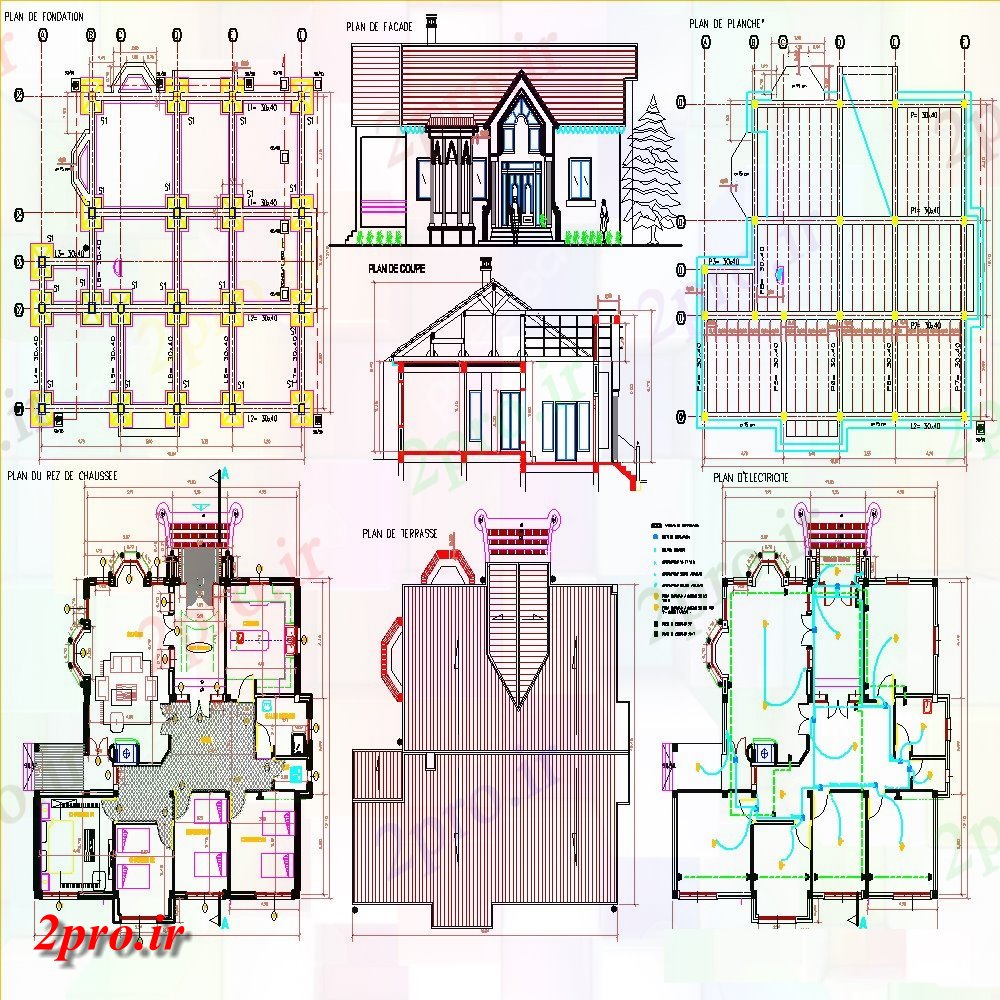 دانلود نقشه مسکونی  ، ویلایی ، آپارتمان  طرحی خانه، نما و بخش  (کد128702)