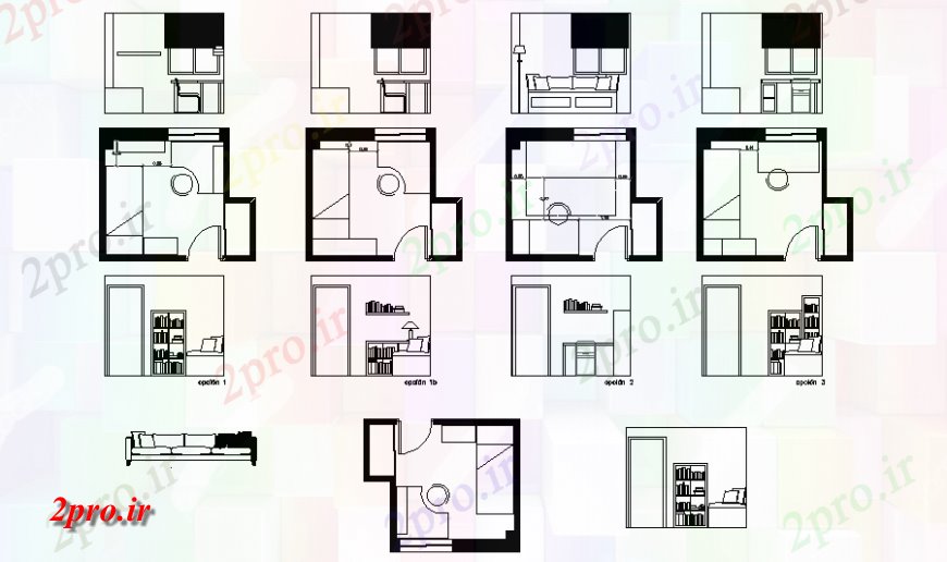 دانلود نقشه حمام مستر طرحی مبلمان اتاق خواب و نما 3 در 4 متر (کد128767)