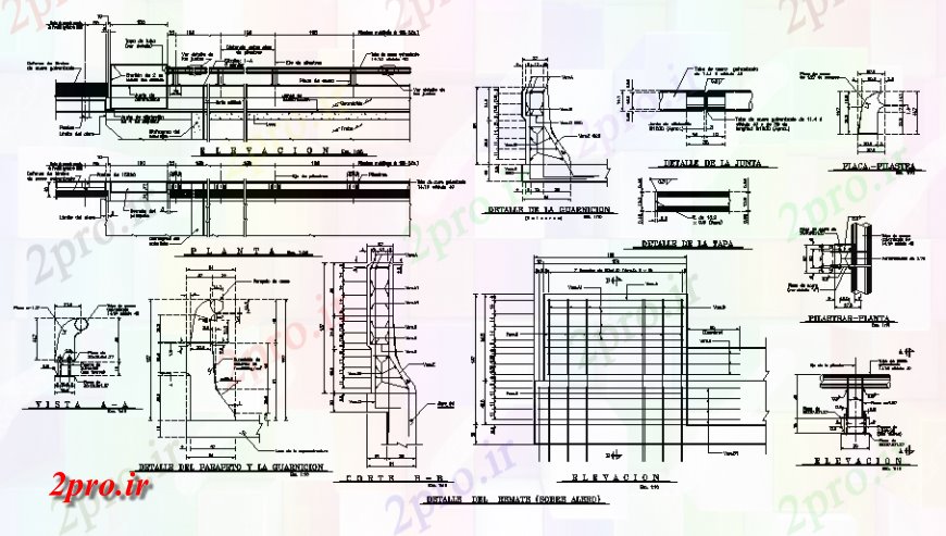 دانلود نقشه جزئیات ساخت پل جزئیات طرحی نرده پل، نما و بخش  چیدمان (کد128785)