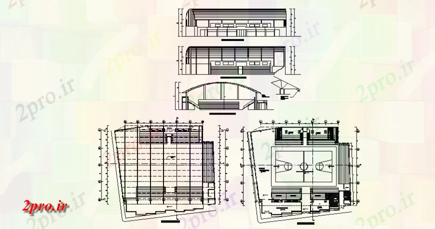 دانلود نقشه ورزشگاه ، سالن ورزش ، باشگاه جزئیات بازی زمین بسکتبال طراحی اتوکد 57 در 57 متر (کد128810)
