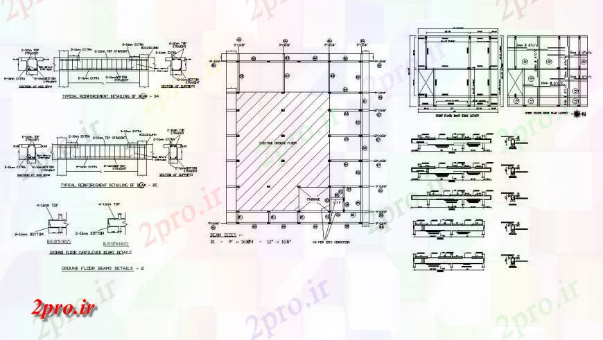 دانلود نقشه طراحی جزئیات تقویت کننده جزئیات اتصالات در یک طرحی تیرها و ستون دو بعدی 7 در 13 متر (کد128884)