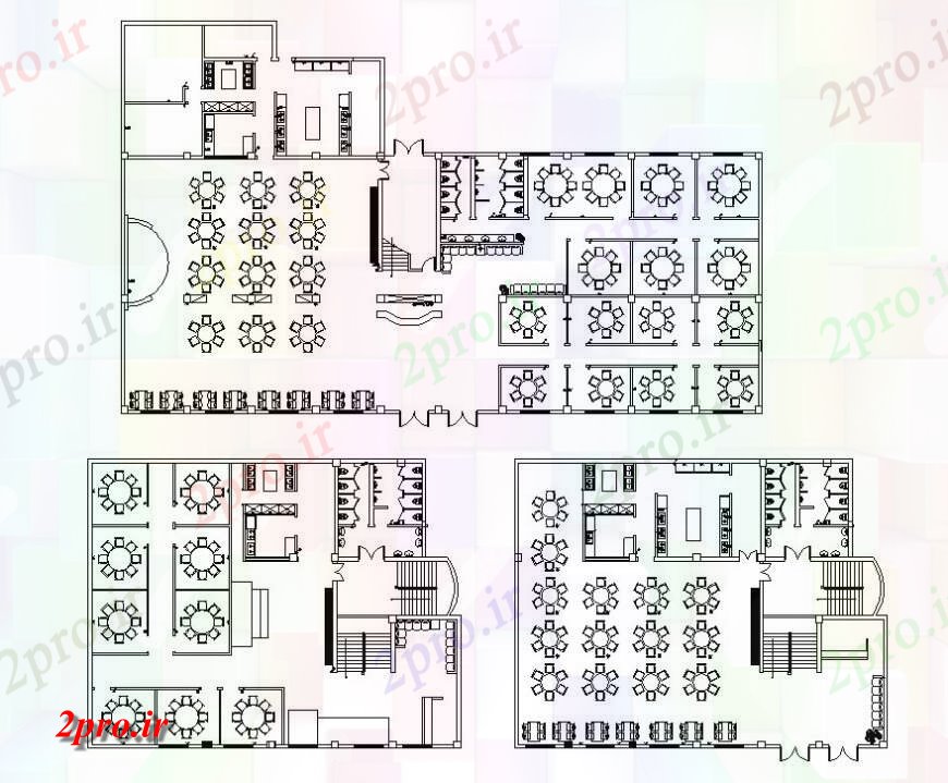 دانلود نقشه مبلمان رستوران - غذا خوری - فست فود - هتل دو بعدی طرحی هتل و مبلمان جزئیات طرحی بلوک 17 در 23 متر (کد128955)