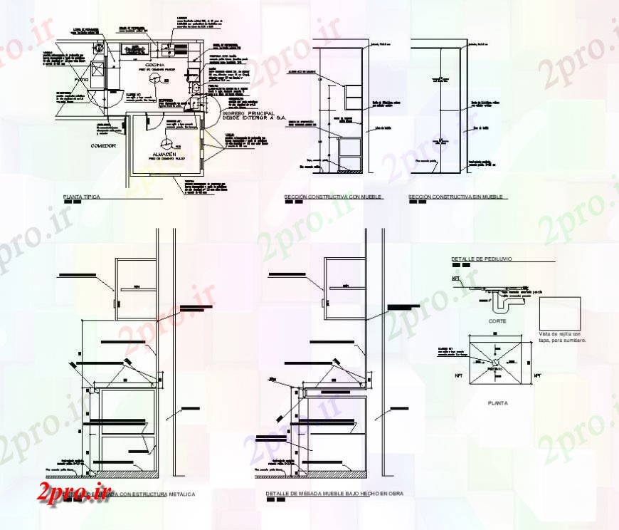 دانلود نقشه جزئیات طراحی ساخت آشپزخانه جزئیات آشپزخانه داخلی  طرحی بلوک ساختاری  (کد128994)