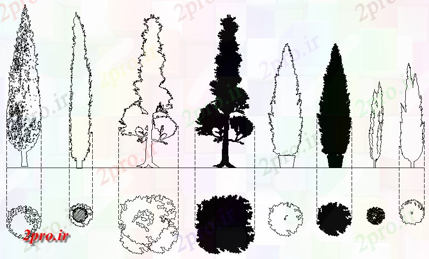دانلود نقشه درختان و گیاهان مقابل درخت سرو دیگر و بلوک های بالای صفحه   (کد128996)