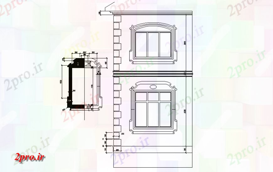 دانلود نقشه مسکونی  ، ویلایی ، آپارتمان  نما برش دو طبقه خانه با پنجره جزئیات (کد129056)