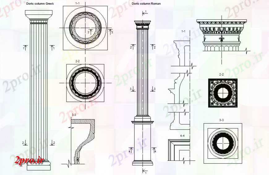 دانلود نقشه جزئیات ستون ستون یونانی دهاتی و نما ستون رومی و بخش جزئیات (کد129064)