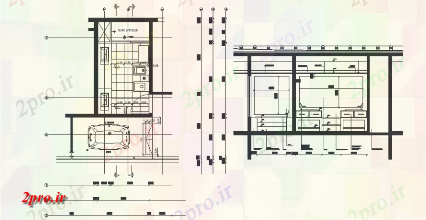 دانلود نقشه حمام مستر طرحی جزئیات توالت و طراحی نما مقطعی اتوکد 4 در 6 متر (کد129069)