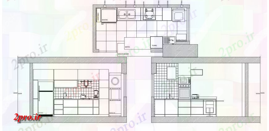 دانلود نقشه آشپزخانه آشپزخانه طرحی و طراحی نما مقطعی 4 در 6 متر (کد129087)