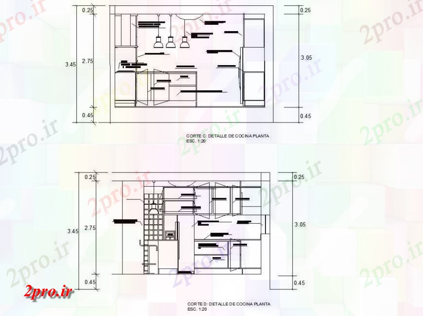 دانلود نقشه آشپزخانه جزئیات نما مقطعی از آشپزخانه 4 در 5 متر (کد129088)