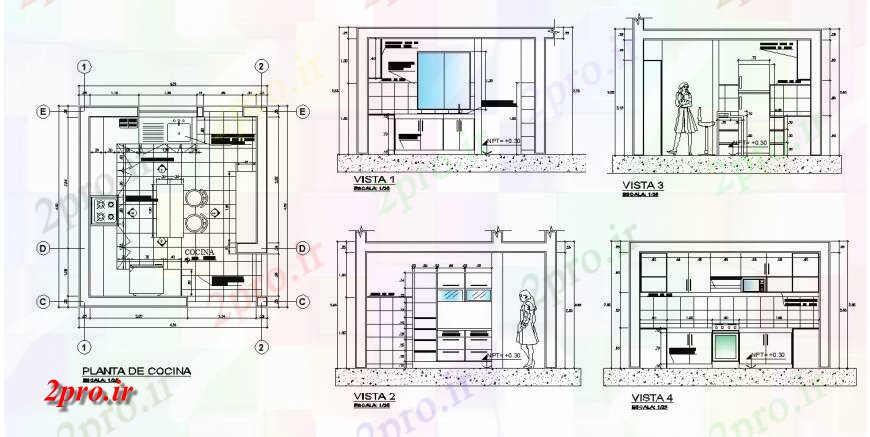 دانلود نقشه آشپزخانه ویلایی آشپزخانه داخلی طراحی  (کد129092)