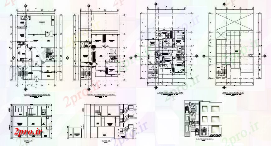 دانلود نقشه مسکونی ، ویلایی ، آپارتمان آپارتمان ساختار مسطح جزئیات طراحی دو بعدی ، نما و مقطعی جزئیات بلوک 10 در 17 متر (کد129247)