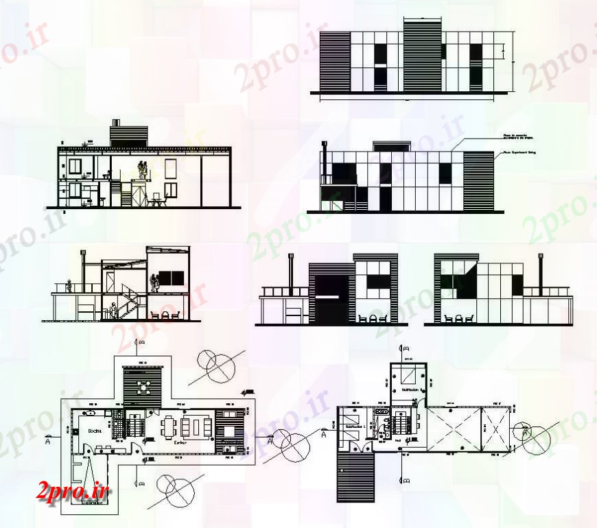 دانلود نقشه مسکونی ، ویلایی ، آپارتمان مسکن ساختار جزئیات طرحی دو بعدی ، نما و بخش طرحی بندی 6 در 8 متر (کد129264)