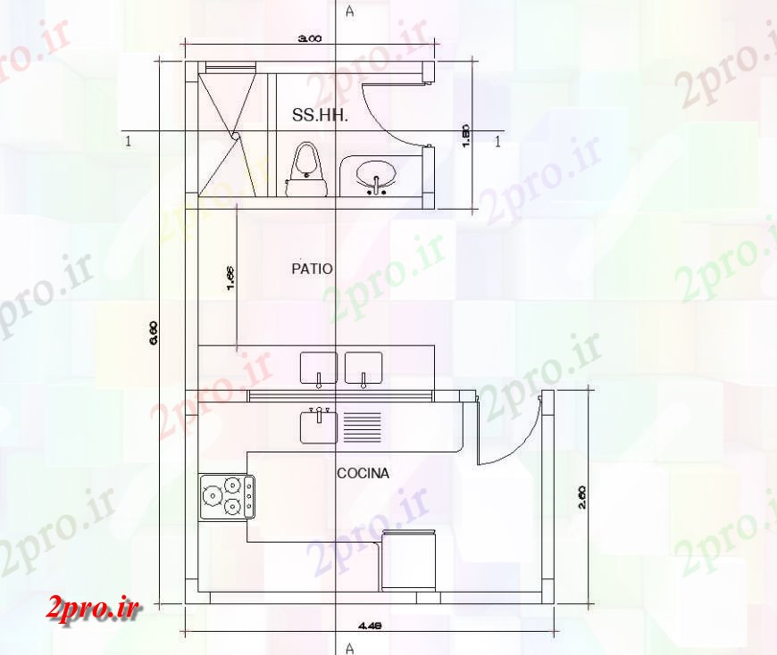 دانلود نقشه ساختمان اداری - تجاری - صنعتی طراحی برنامه از شربت خانه و توالت در دفتر 4 در 6 متر (کد129323)