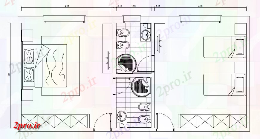 دانلود نقشه حمام مستر دو اتاق خواب، تخت دو نفره بالای صفحه جزئیات 5 در 10 متر (کد129471)