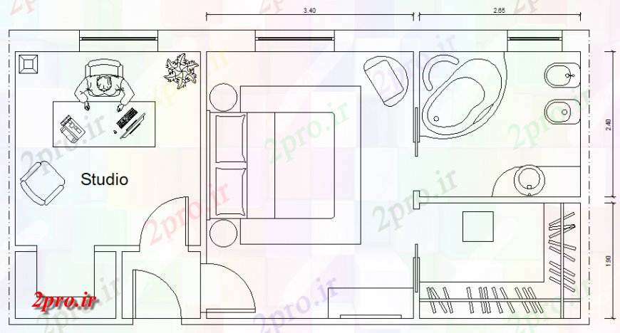 دانلود نقشه حمام مستر اتاق خواب تخت دو نفره با متصل بالای دفتر نظر طرحی  (کد129473)