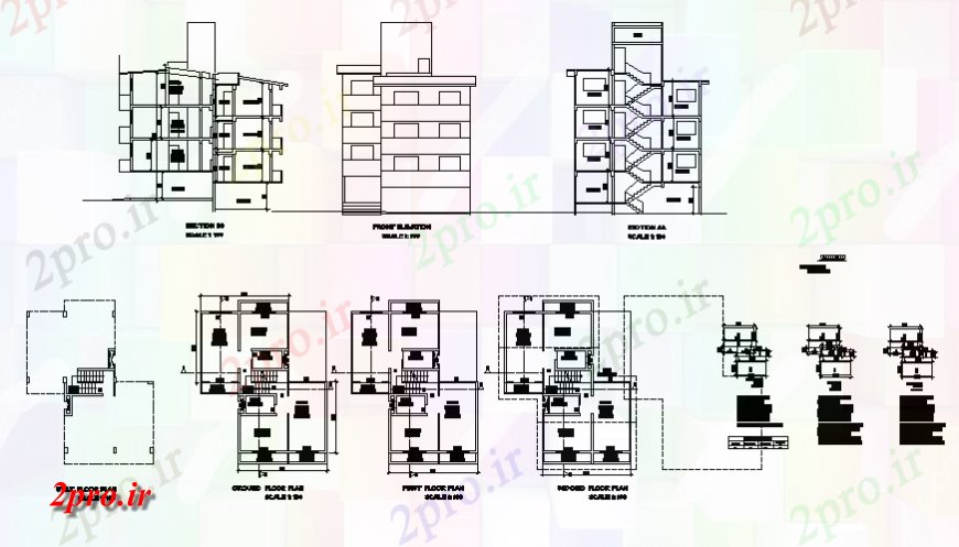 دانلود نقشه مسکونی ، ویلایی ، آپارتمان شهرداری خانه ردیف ساخت نما، بخش، طرحی طبقه و خودکار جزئیات 10 در 13 متر (کد129547)