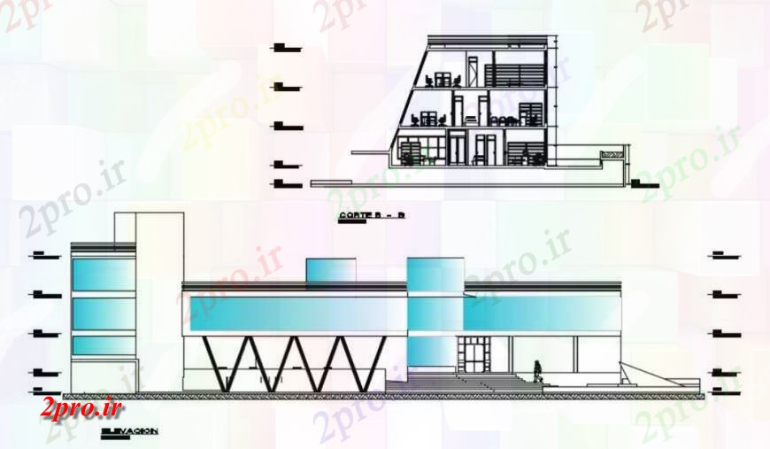 دانلود نقشه ساختمان اداری - تجاری - صنعتی نما از کارگاه برنامه اتوکد جزئیات در فرمت 23 در 44 متر (کد129583)