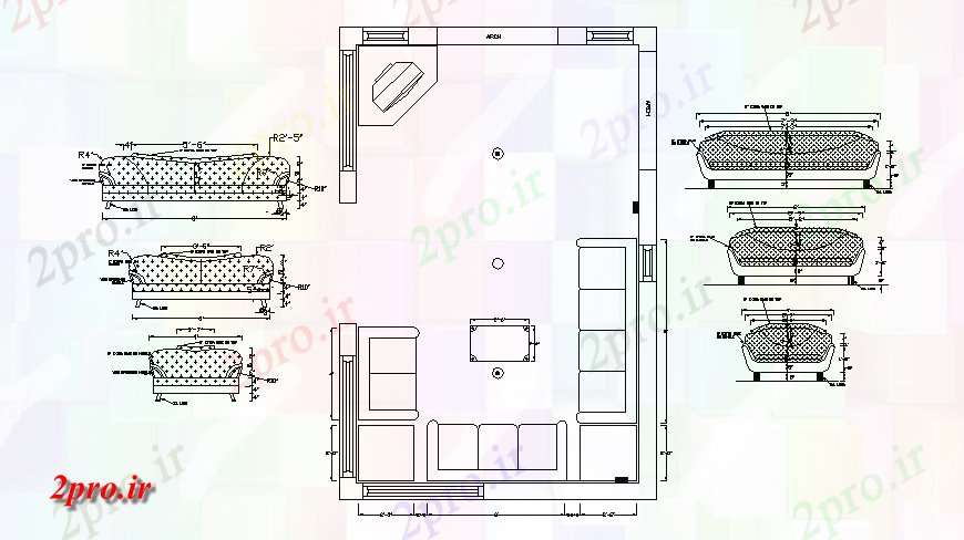 دانلود نقشه اتاق نشیمن ، حال ، پذیرایی داخلی اتاق و طرحی مبلمان جزئیات 4 در 6 متر (کد129634)