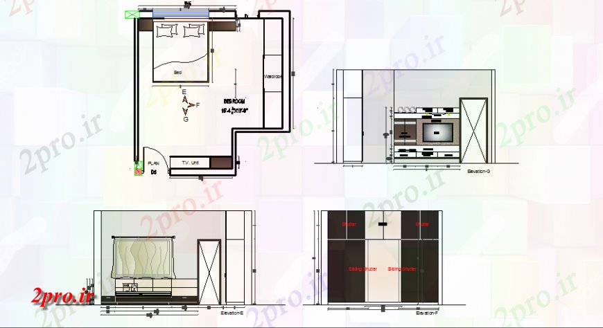 دانلود نقشه حمام مستر بخش اتاق خواب اد، داخلی و چیدمان مبلمان جزئیات 5 در 5 متر (کد129639)