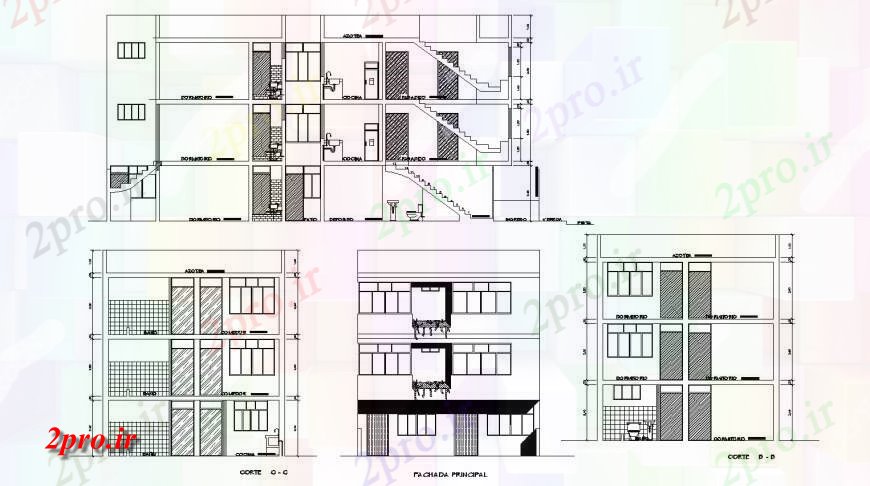 دانلود نقشه مسکونی  ، ویلایی ، آپارتمان  سه طبقه طراحی نما آپارتمان    اتوکد (کد129669)