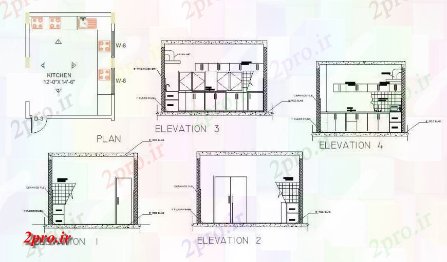 دانلود نقشه جزئیات طراحی ساخت آشپزخانه نما جزئیات آشپزخانه داخلی و پلان طرحی 4 در 5 متر (کد129749)