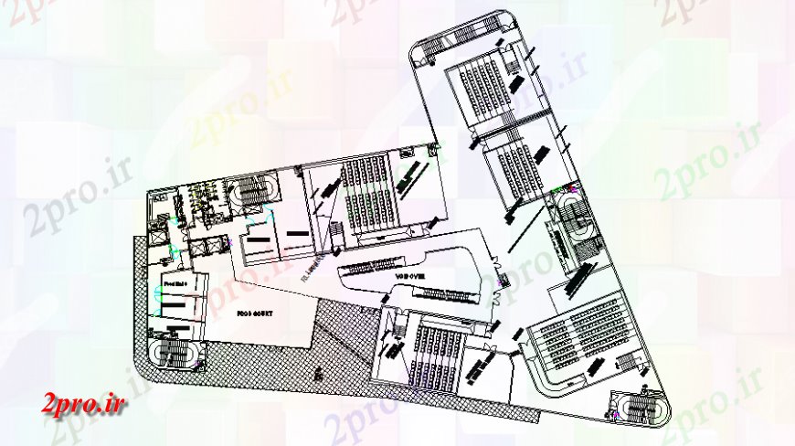 دانلود نقشه تئاتر چند منظوره - سینما - سالن کنفرانس - سالن همایشچندگانه برنامه ریزی جزئیات 70 در 85 متر (کد129783)