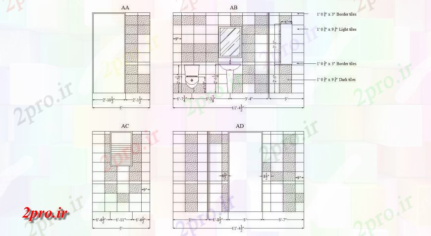 دانلود نقشه حمام مستر توالت نما دیوار طراحی  اتوکد (کد129802)