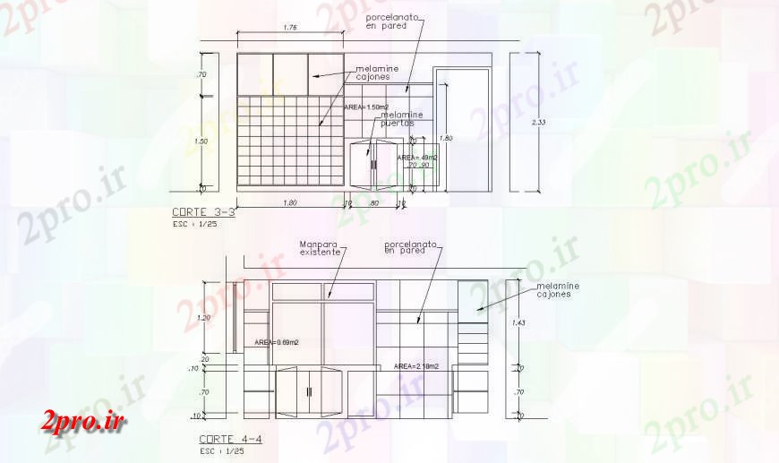 دانلود نقشه آشپزخانه آشپزخانه جزئیات نما طراحی اتوکد 5 در 5 متر (کد130057)