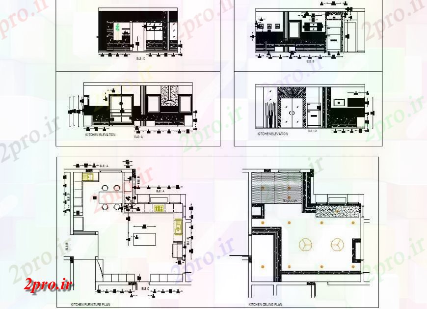 دانلود نقشه جزئیات طراحی ساخت آشپزخانه آشپزخانه داخلی طرح، نما و بخش جزئیات دو بعدی    طرحی بلوک  اتوکد (کد130202)