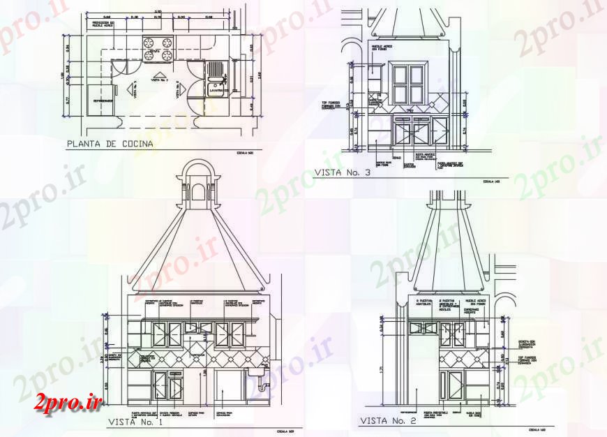 دانلود نقشه آشپزخانه مدرن نما نوع آشپزخانه، بخش و طرحی جزئیات filw 3 در 4 متر (کد130301)