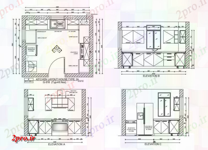 دانلود نقشه آشپزخانه آشپزخانه تمام نما و طراحی خانه طرفه نوع 4 در 4 متر (کد130323)