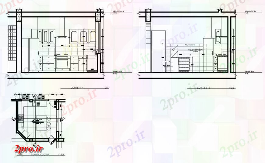 دانلود نقشه جزئیات طراحی ساخت آشپزخانه بخش و آشپزخانه طرحی دو بعدی 4 در 4 متر (کد130333)