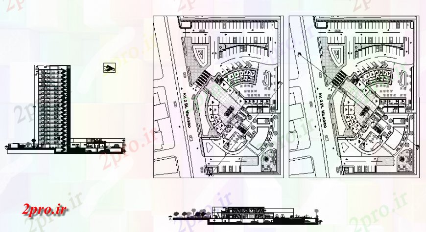 دانلود نقشه ساختمان اداری - تجاری - صنعتی طرحی و نما ساختمان تجاری 49 در 52 متر (کد130351)