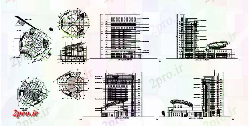 دانلود نقشه ساختمان مرتفعطرح، نما و بخش جزئیات افزایش بالا طرحی ساختمان 54 در 105 متر (کد130381)
