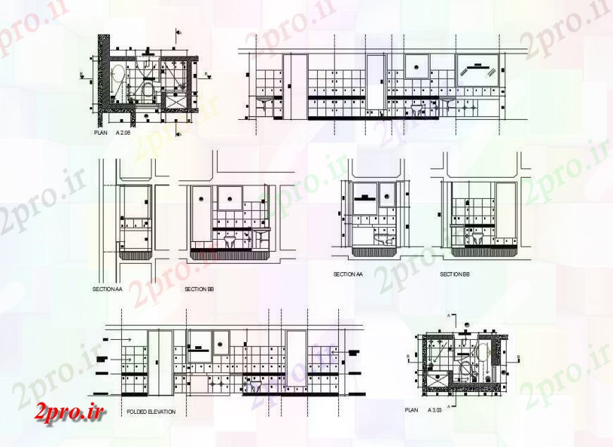 دانلود نقشه حمام مستر توالت و حمام نما، بخش آب گرفتگی و طرحی جزئیات 16 در 38 متر (کد130388)