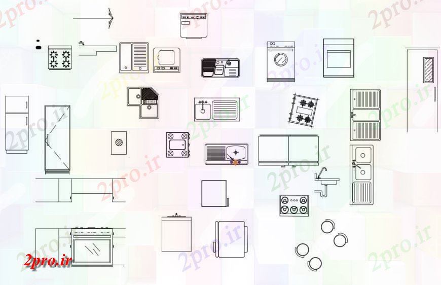 دانلود نقشه طراحی مبلمان آشپزخانه پویا چندین بلوک آشپزخانه  (کد130400)