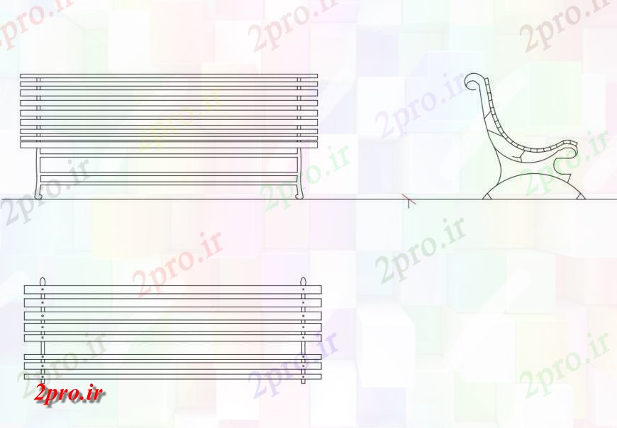 دانلود نقشه بلوک مبلمان باغ  جلو نیمکت، سمت و نما    بالا (کد130404)