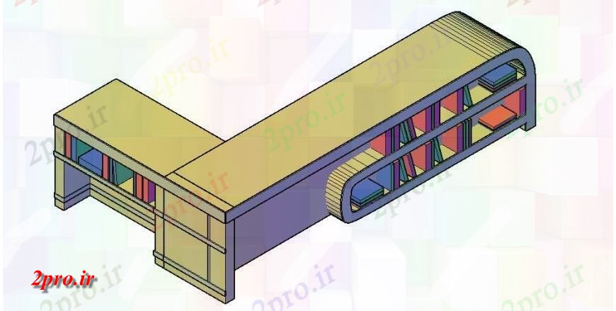 دانلود نقشه طراحی مبلمان بانکبالای جدول با قفسه های کتاب ذخیره سازی   (کد130431)