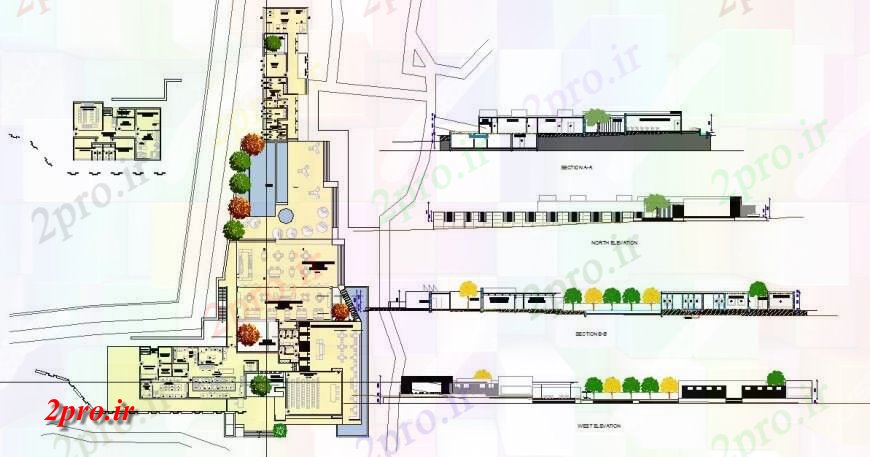 دانلود نقشه جزئیات فضای داخلی ناهار خوری ساختمان رستوران با مبلمان طرحی جزئیات، نما و بخش طرح 150 در 203 متر (کد130455)