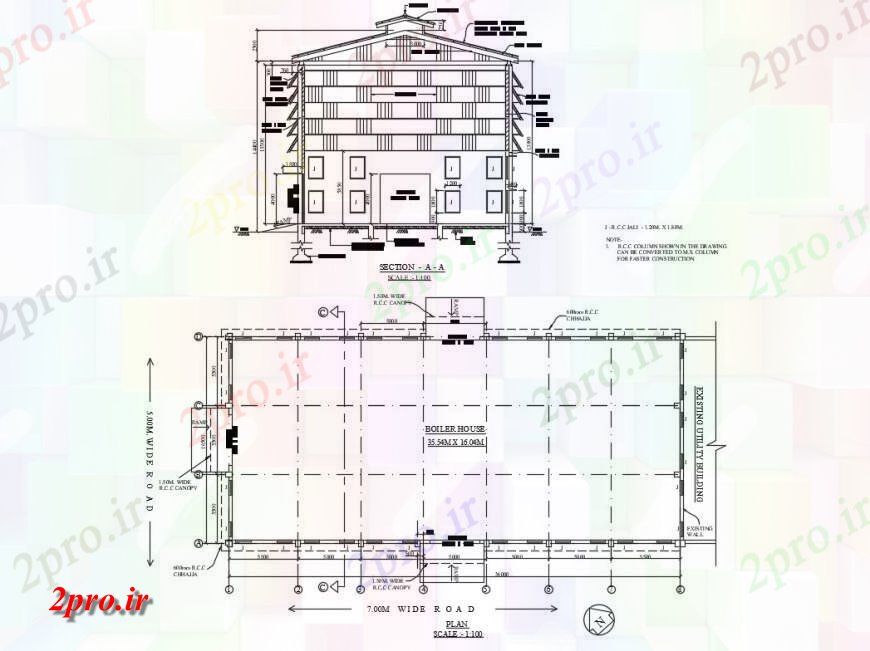 دانلود نقشه کارخانه صنعتی  ، کارگاه دیگ بخار صنعتی  بخش خانه نما و جزئیات طرح (کد130478)